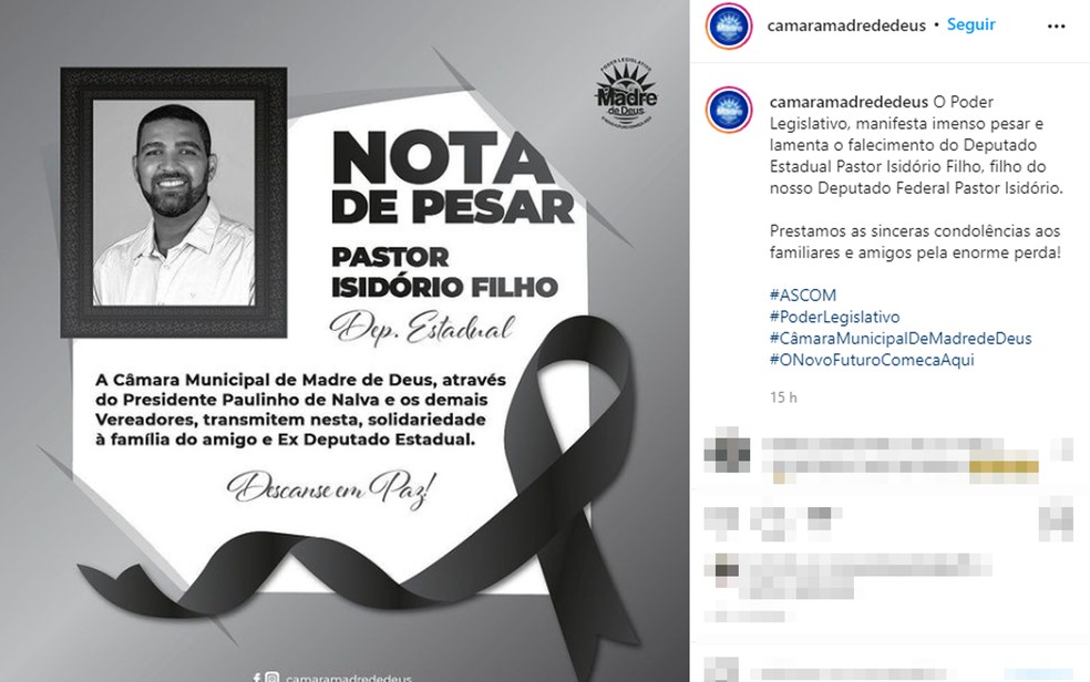 Câmara de Vereadores de Madre Deus publicou nota, nas redes sociais, lamentando a morte do político.  — Foto: Reprodução/Redes Sociais
