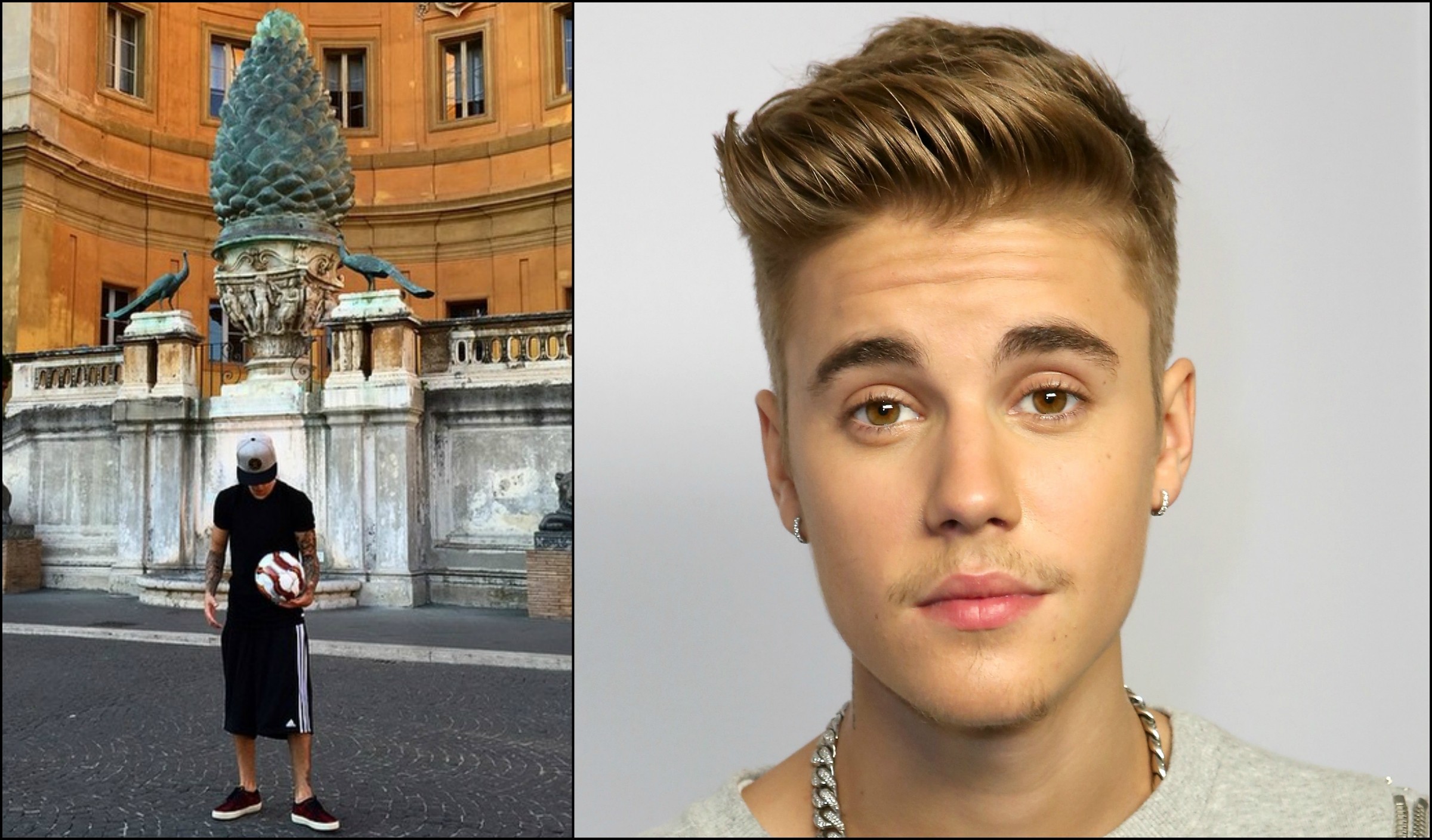 Bieber posou no Vaticano à la Ash Ketchum: boné na cabeça, voltada para baixo, e (poké)bola na mão. (Foto: Instagram e Getty Images)