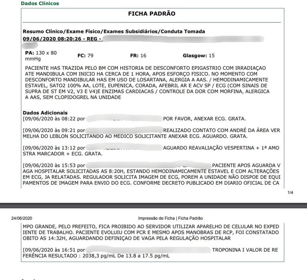 Ficha médica do atendimento da idosa de 72 anos na UPA Leblon, em Campo Grande — Foto: Divulgação