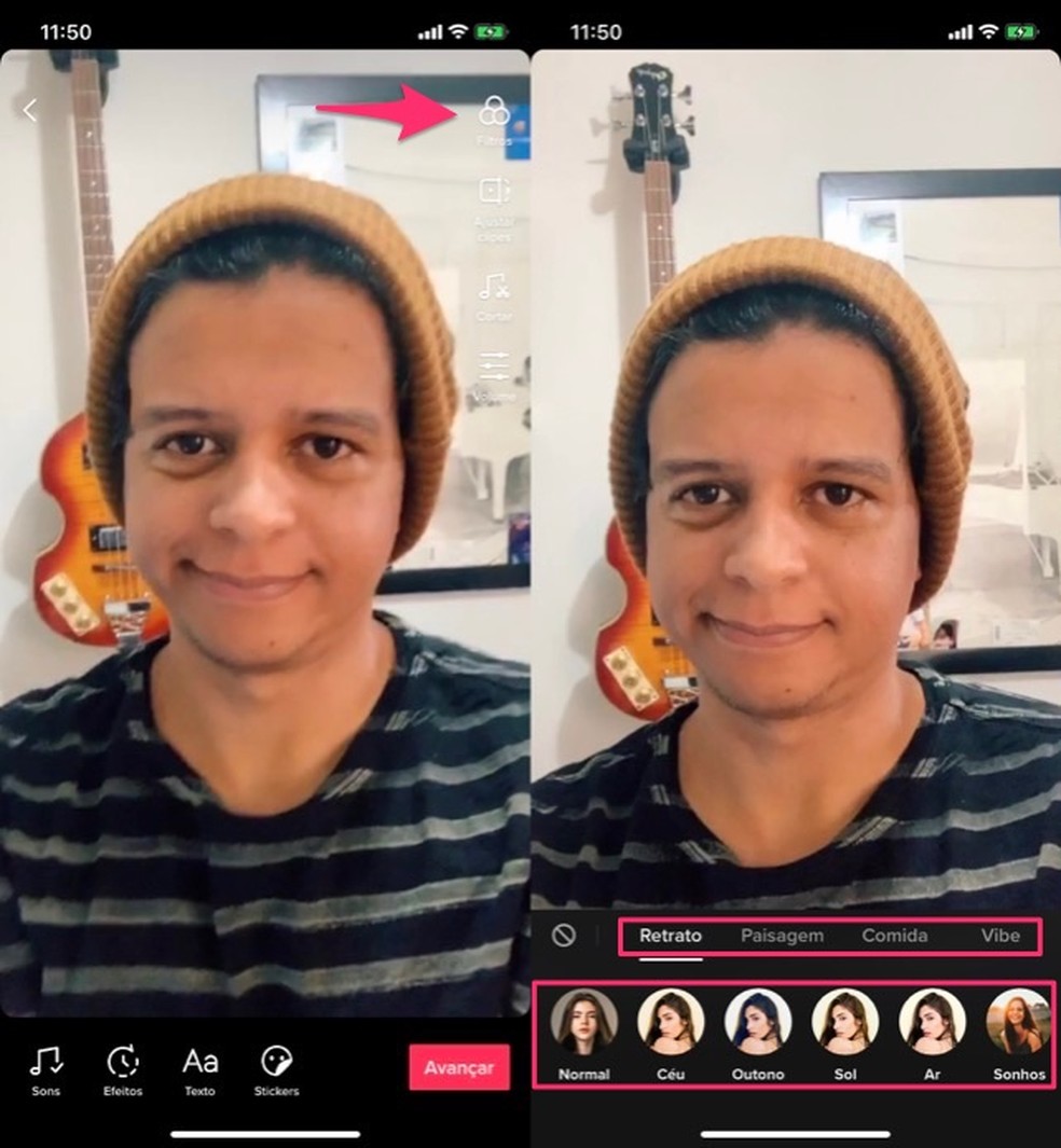 Ação para acessar filtros para um vídeo no app TikTok — Foto: Reprodução/Marvin Costa