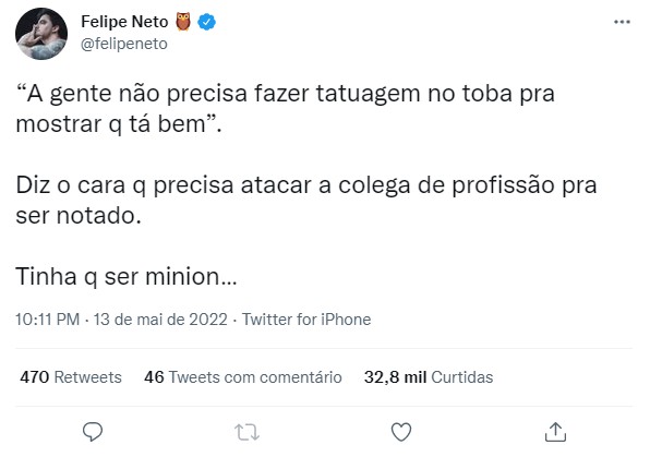 Com 14,5 milhões de seguidores, Felipe Neto saiu em defesa de Anita e criticou Zé Neto: "Tinha que ser minion"