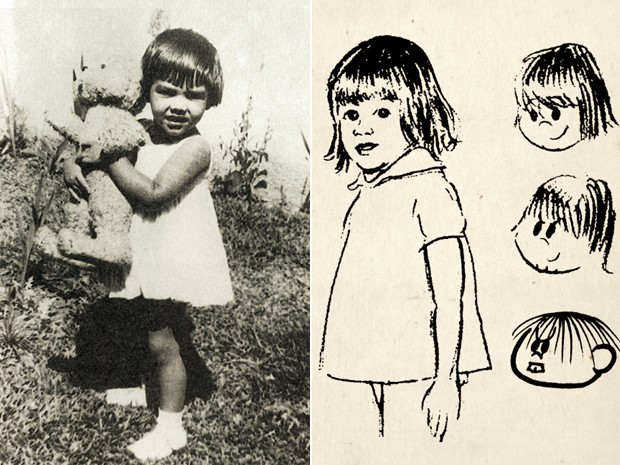 Foto de Mônica, filha de Mauricio de Sousa, quando criança, e os primeiros esboços da personagem (Foto: Divulgação / Mauricio de Sousa Produções)