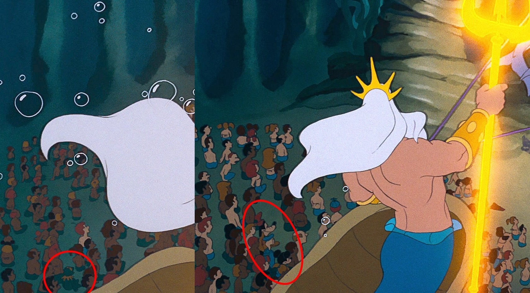 Mickey, Pateta e Pato Donald aparecem em cena com rei Tritão, em 'A Pequena Sereia' (Foto: Reprodução/Disney)
