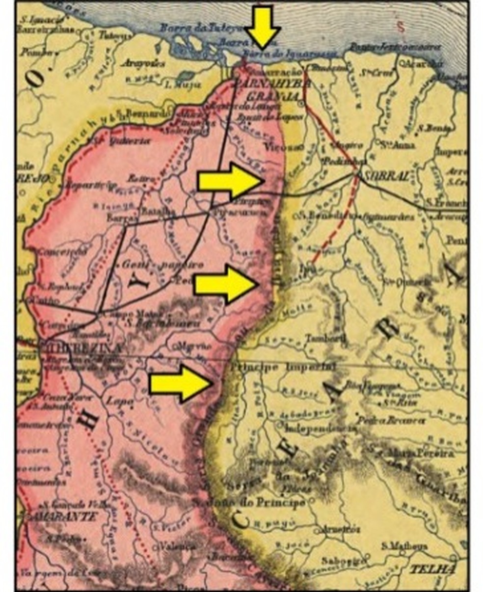 As definies da Divisa entre Piau e Cear  foram estabelecidas pelo Decreto Rgio N 3.012 de 12 de outubro de 1880.   Foto: Eric de Melo /Adaptado da Carta da Republica dos Estados Unidos do Brazil, 1892 de Penha e Correa