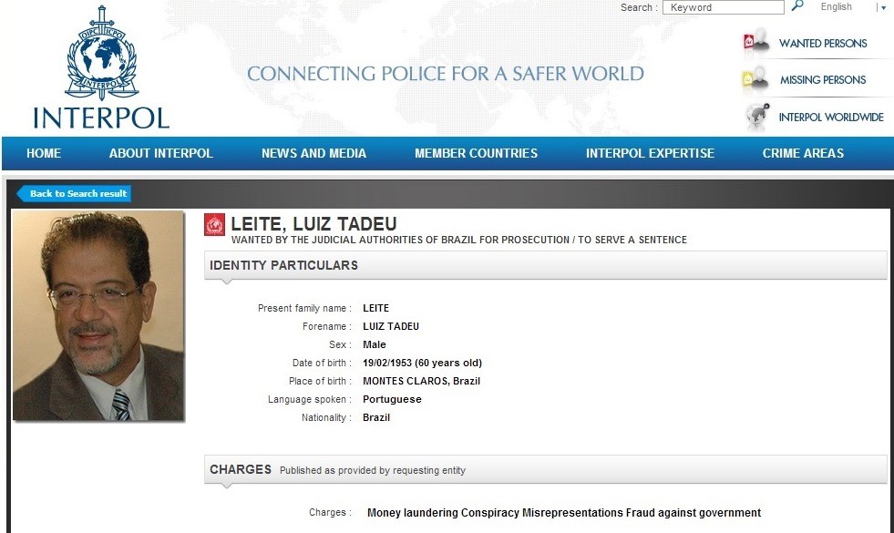 Luiz Tadeu Leite no site da Interpol (Foto: Reprodução / Interpol) Luiz Tadeu Leite no site da Interpol (Foto: Reprodução / Interpol)