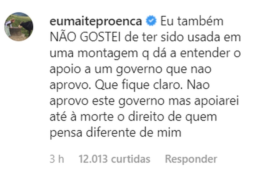 Comentário da atriz Maitê Proença em publicação de Regina Duarte — Foto: Reprodução/Instagram