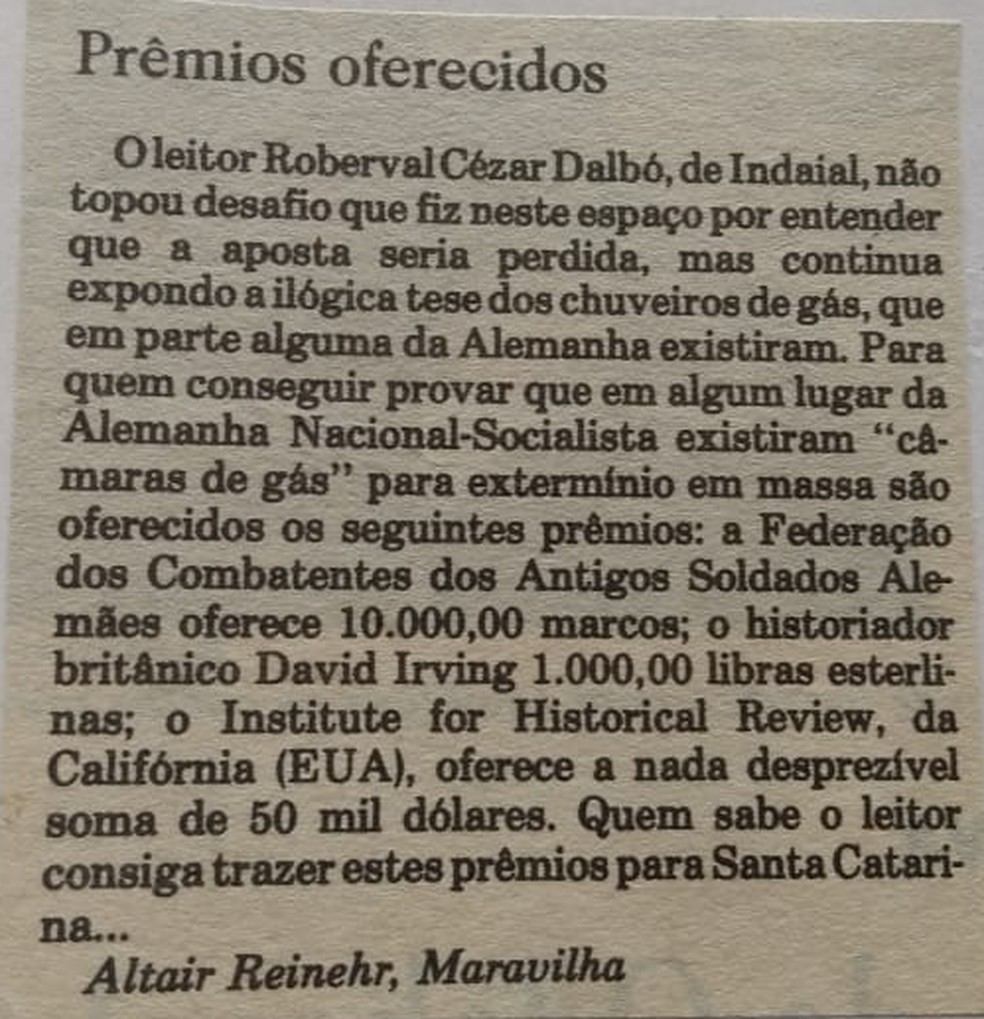 José Altair Reinehr negou a existência de câmara de gás em publicação — Foto: Reprodução/ AIC