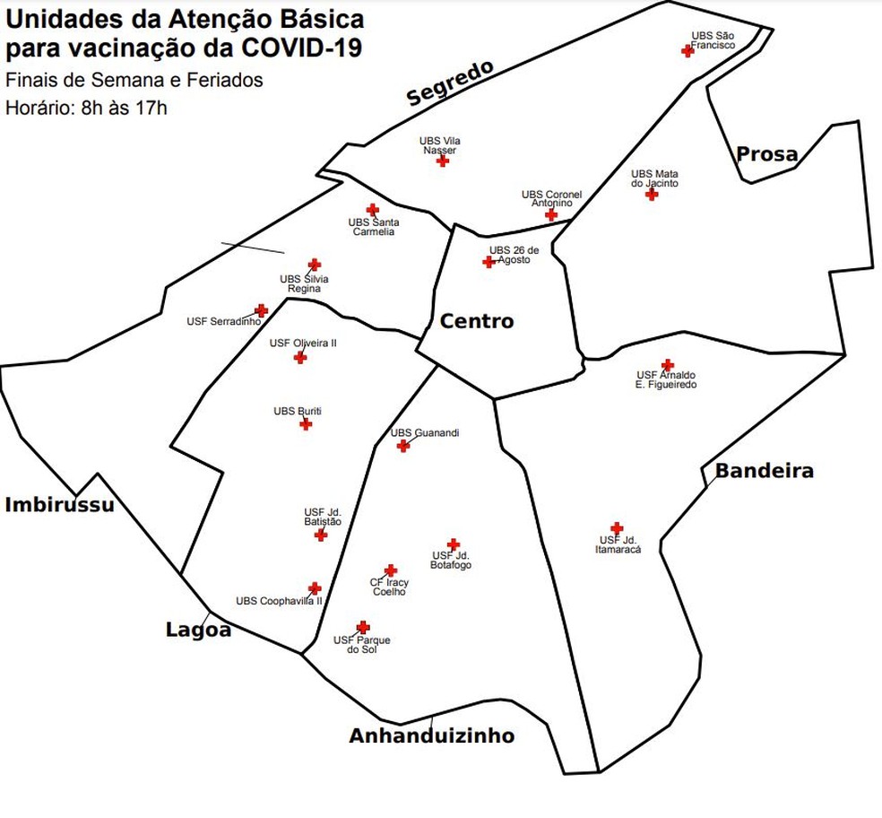 Confira mapa de distribuição de unidades de saúde que vão oferecer a vacinação contra a Covid-19 em Campo Grande nos fins de semana — Foto: PMCG/Divulgação