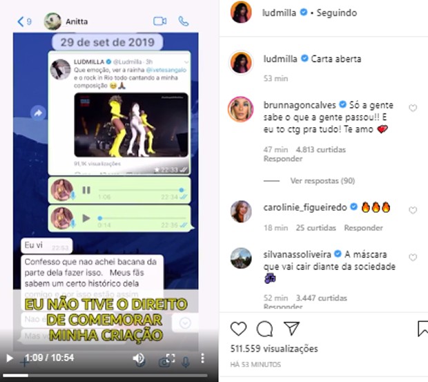 Publicação de Ludmilla sobre Anitta (Foto: Reprodução/Instagram)