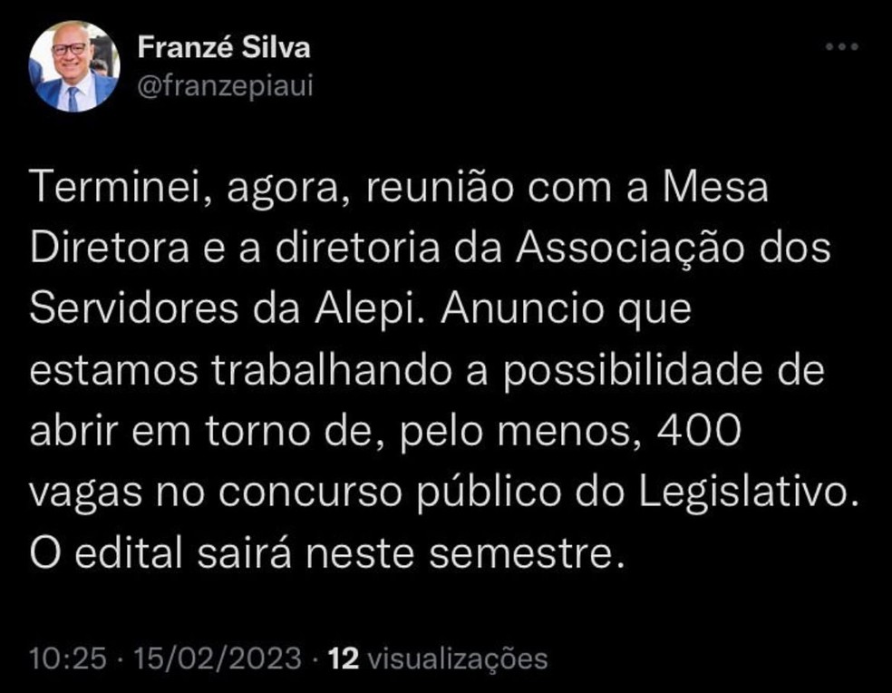 Franzé Silva (PT) anuncia concurso público com 400 vagas para Alepi.  — Foto: Reprodução / Instagram 