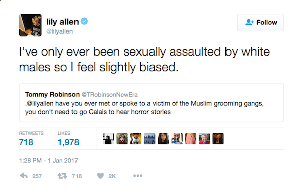 A resposta dada por Lily Allen nas redes sociais (Foto: Twitter)