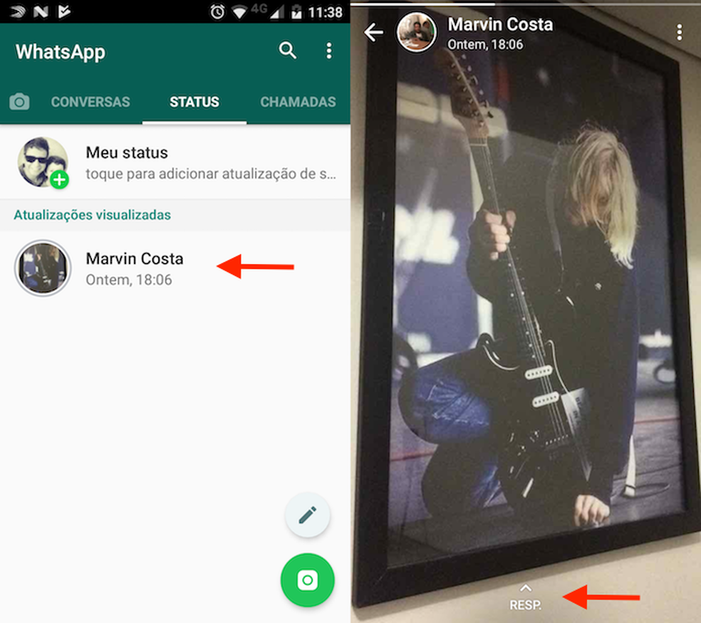 Ação para iniciar um comentário no status de um contato pelo WhatsApp para Android (Foto: Reprodução/Marvin Costa)