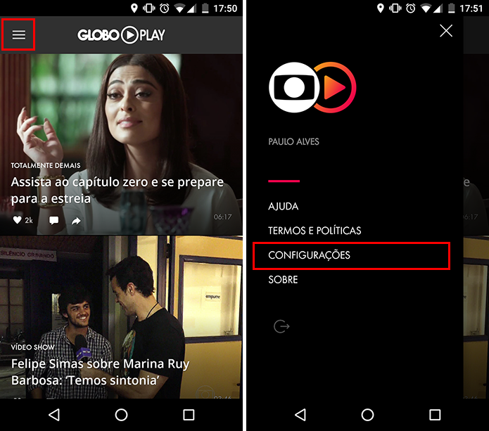 Abra o menu lateral do Globo Play para Android e acesse as configurações (Foto: Reprodução/Paulo Alves)