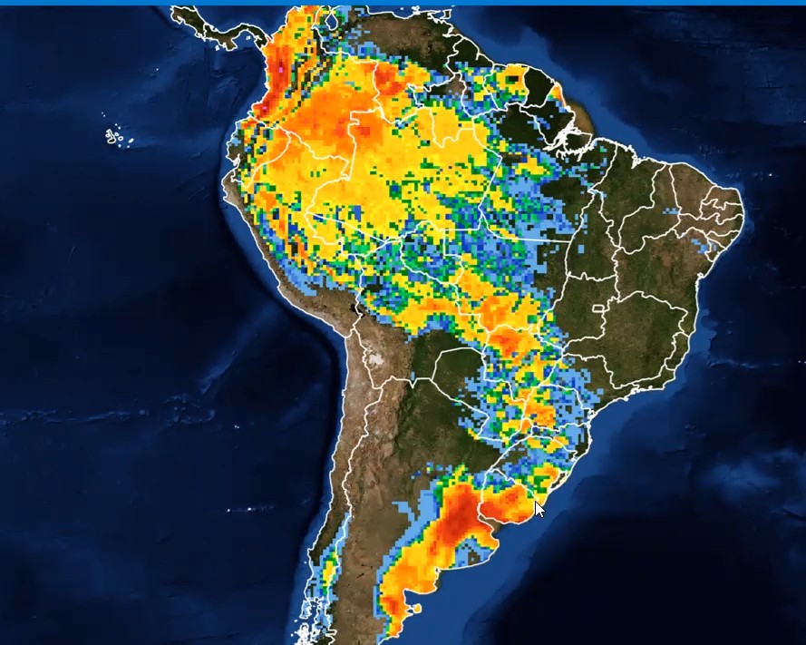 Mapa meteorológico mostra corredor de umidade a ser formado no sábado, entre o Rio Grande do Sul e o sudoeste goiano (Foto: Reprodução/Climatempo)