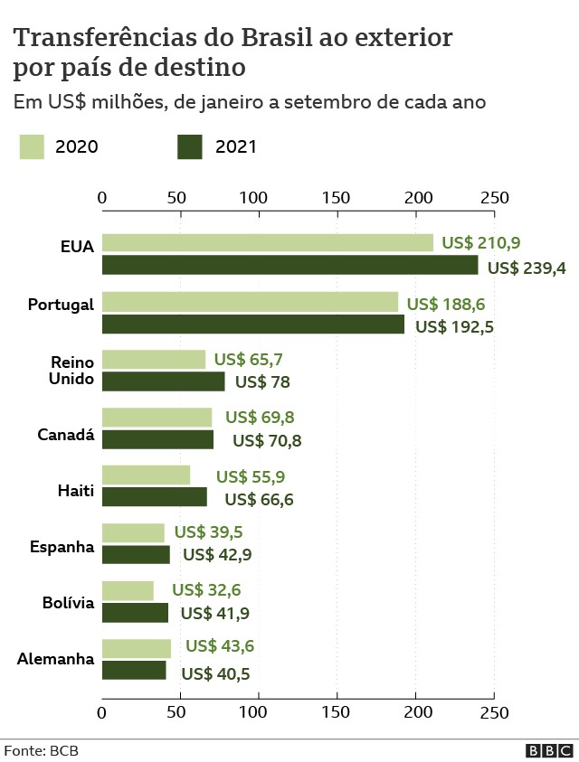 Gráfico de barras mostra as transferências do Brasil ao exterior por país de destino (Foto: BBC News Brasil)