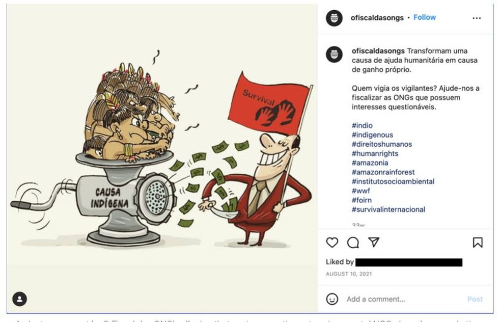 Perfil falso no Instagram que atacava ONGs ambientalistas foi um dos derrubados pelo Facebook — Foto: Divulgação