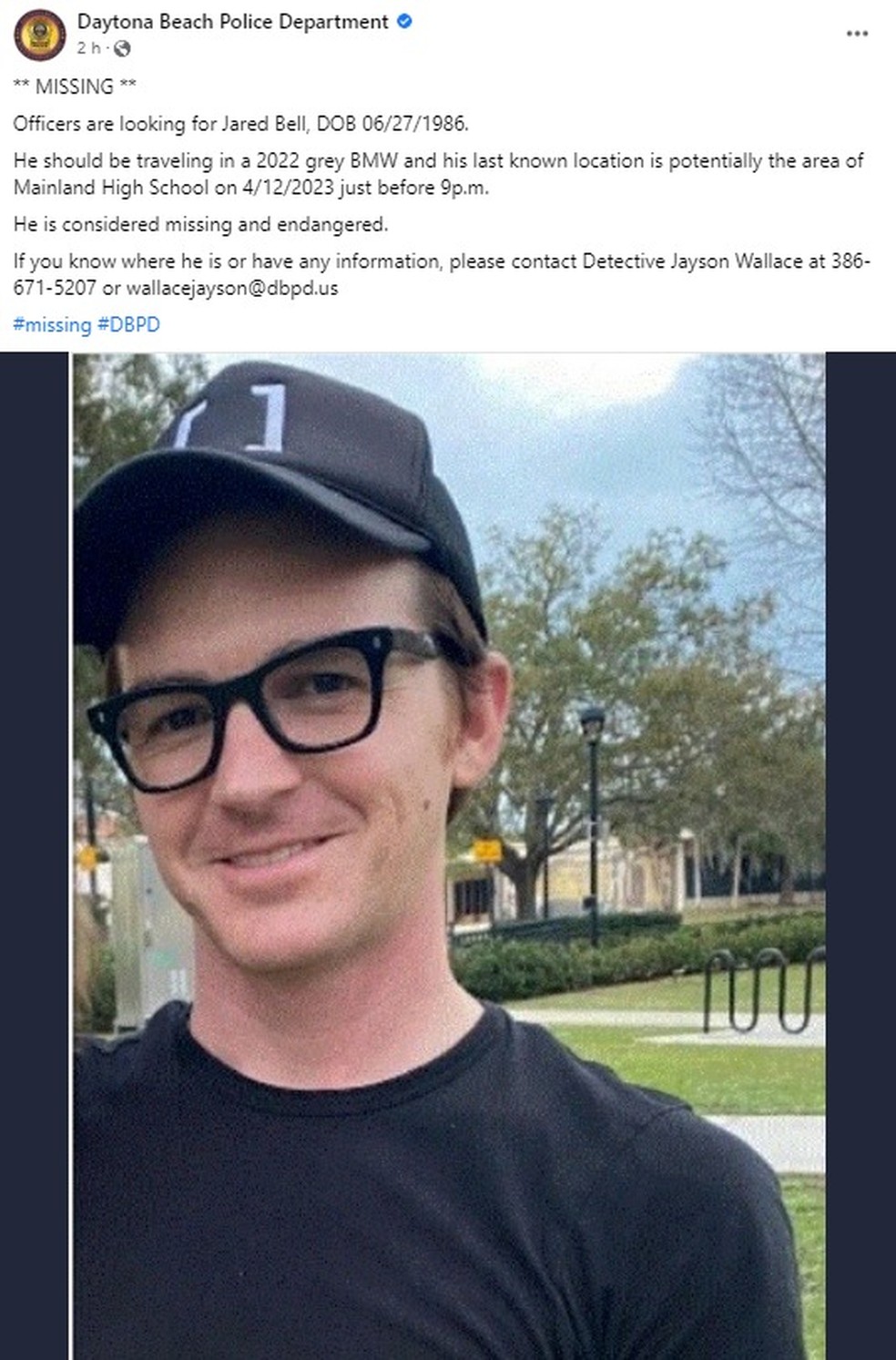 Comunicado sobre desaparecimento de Drake Bell, no departamento de polícia de Daytona Beach — Foto: Reprodução/Facebook