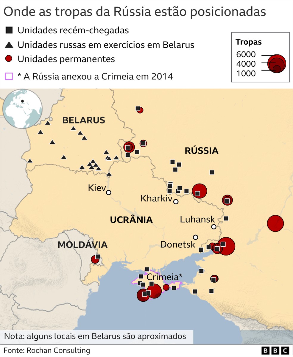 Mapa mostra a localização das tropas russas — Foto: BBC