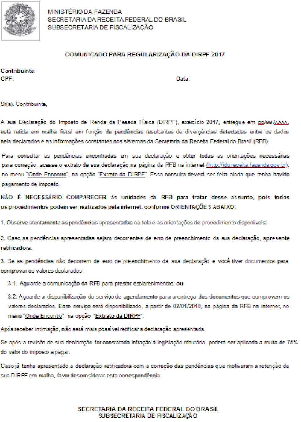 Exemplo de carta enviada pela Receita Federal aos contribuintes (Foto: Reprodu&ccedil;&atilde;o/Receita Federal)