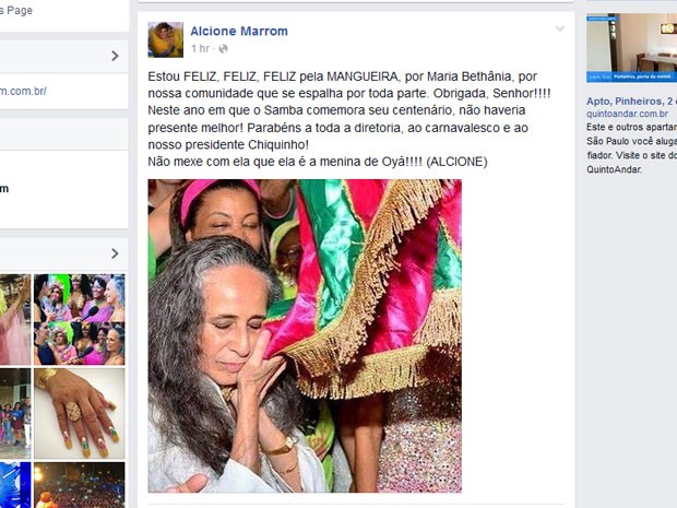 Alcione comemora vitória da Mangueira (Foto: Reprodução/Facebook)