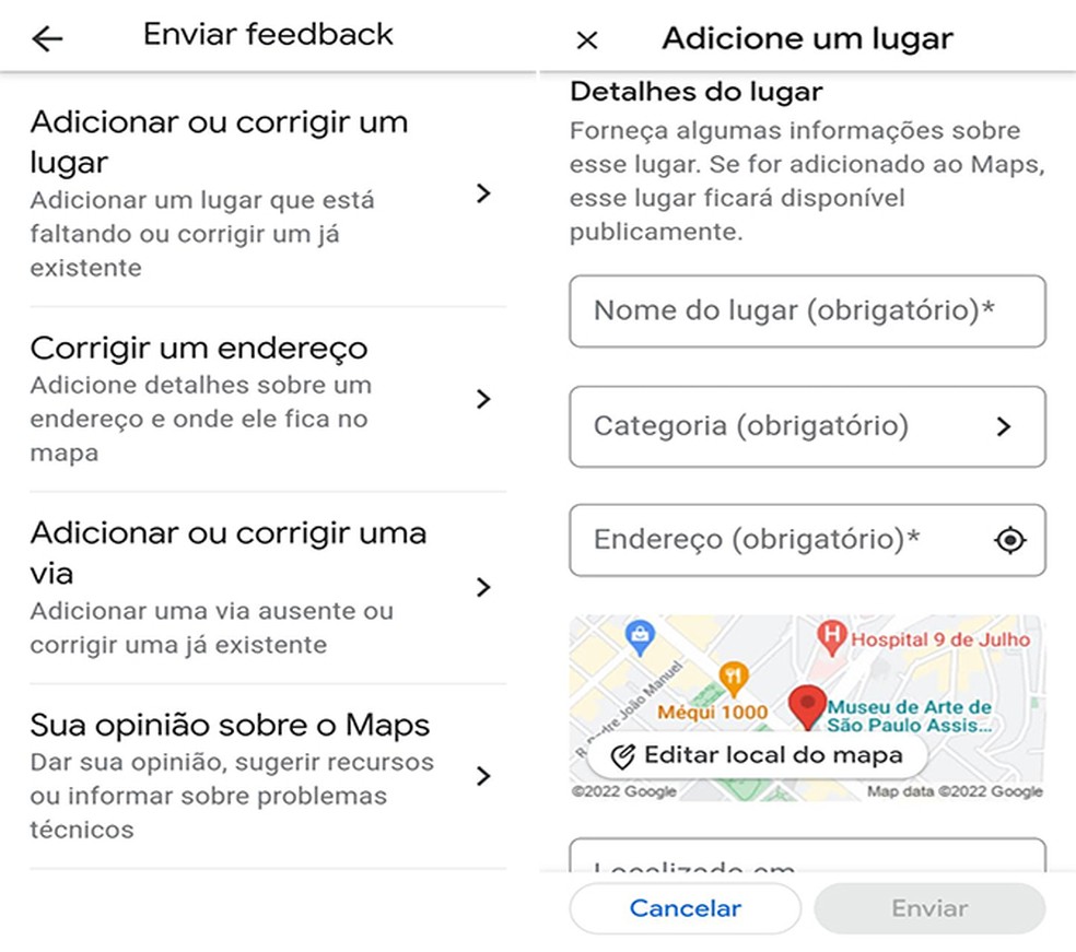 Corrija e insira novas informações no Maps  — Foto: Reprodução/Flávia Fernandes