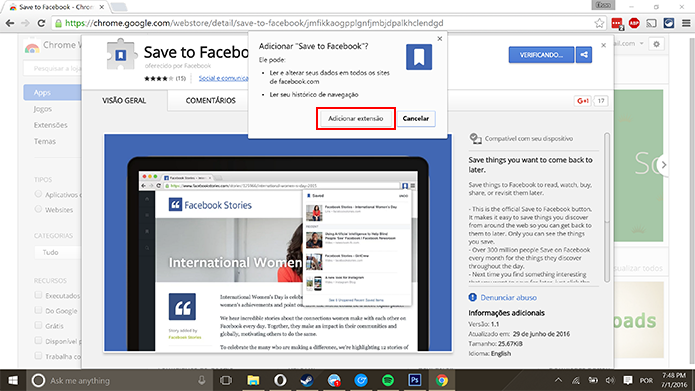 Save to Facebook salvará links aberto no Chrome no perfil do Facebook (Foto: Reprodução/Elson de Souza)