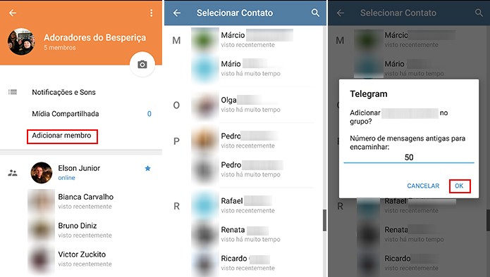 Telegram pode ter novos membros adicionados a partir de contatos ou links (Foto: Reprodução/Elson de Souza)