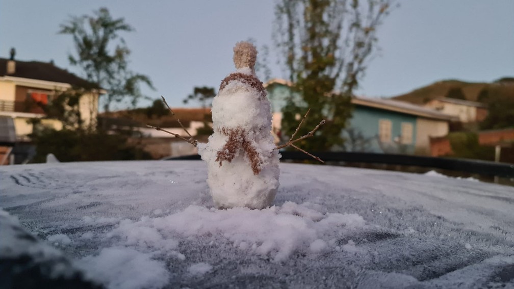 Morador e fotógrafo construiu um 'boneco de geada' em São Joaquim nesta quinta-feira (13) — Foto: Mycchel Legnaghi / São Joaquim Online