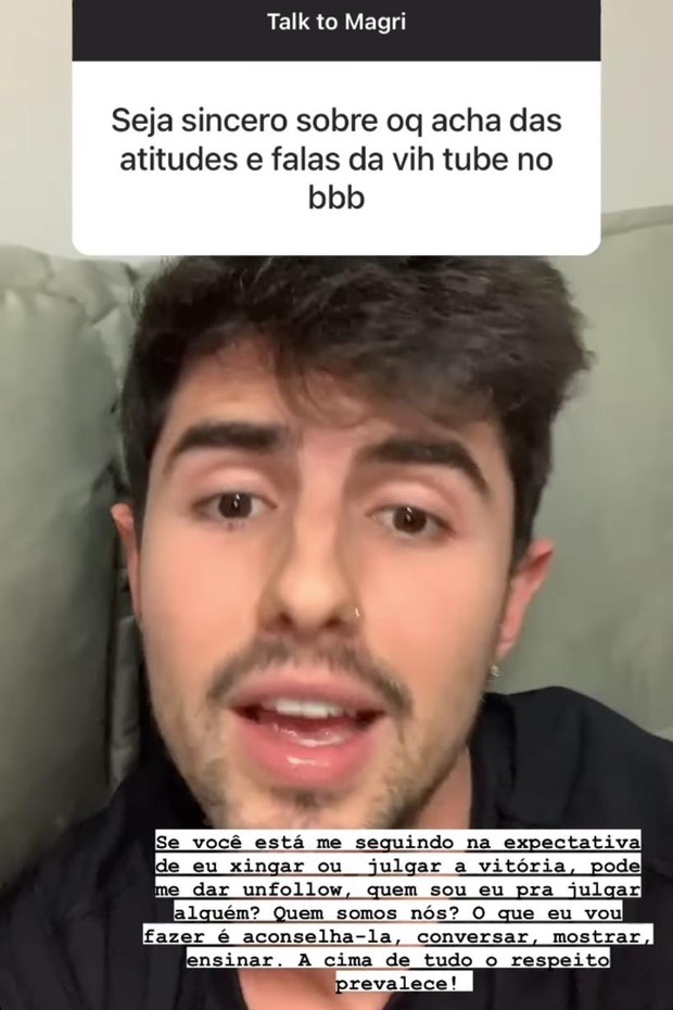 Bruno Magri  fala sobre atitudes de Viih Tube no BBB21 (Foto: Reprodução/Instagram)
