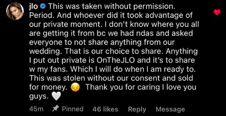 O comentário revoltado de J-Lo sobre seu vídeo no casamento (Foto: Reprodução/Instagram)