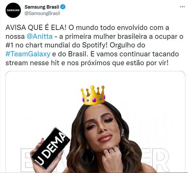Samsung comemorou sucesso de Anitta (Foto: Reprodução/Twitter)