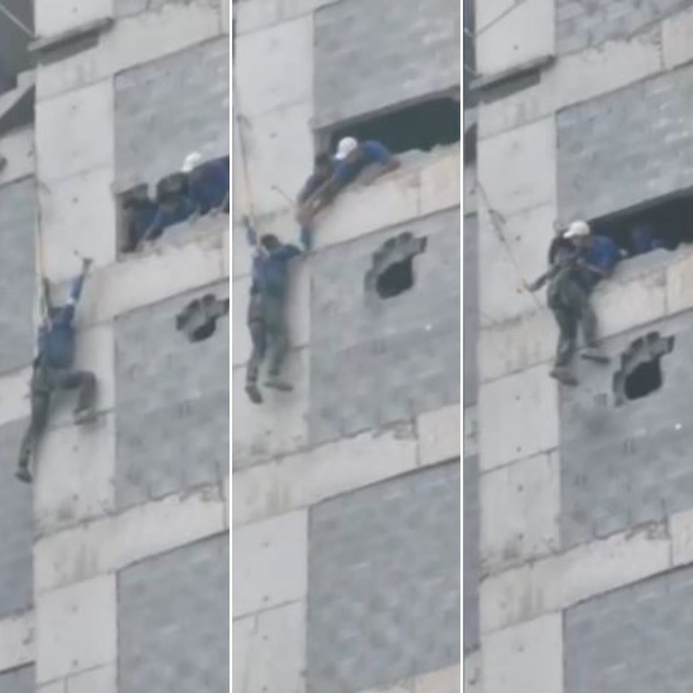 Operário fica pendurado em prédio e é salvo por colegas de trabalho em Guarujá — Foto: Reprodução