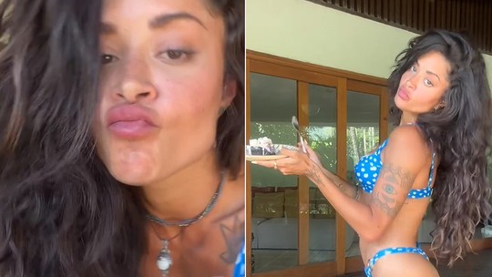 Aline Campos come torta dançando funk de biquíni para provar que come doce; vídeo