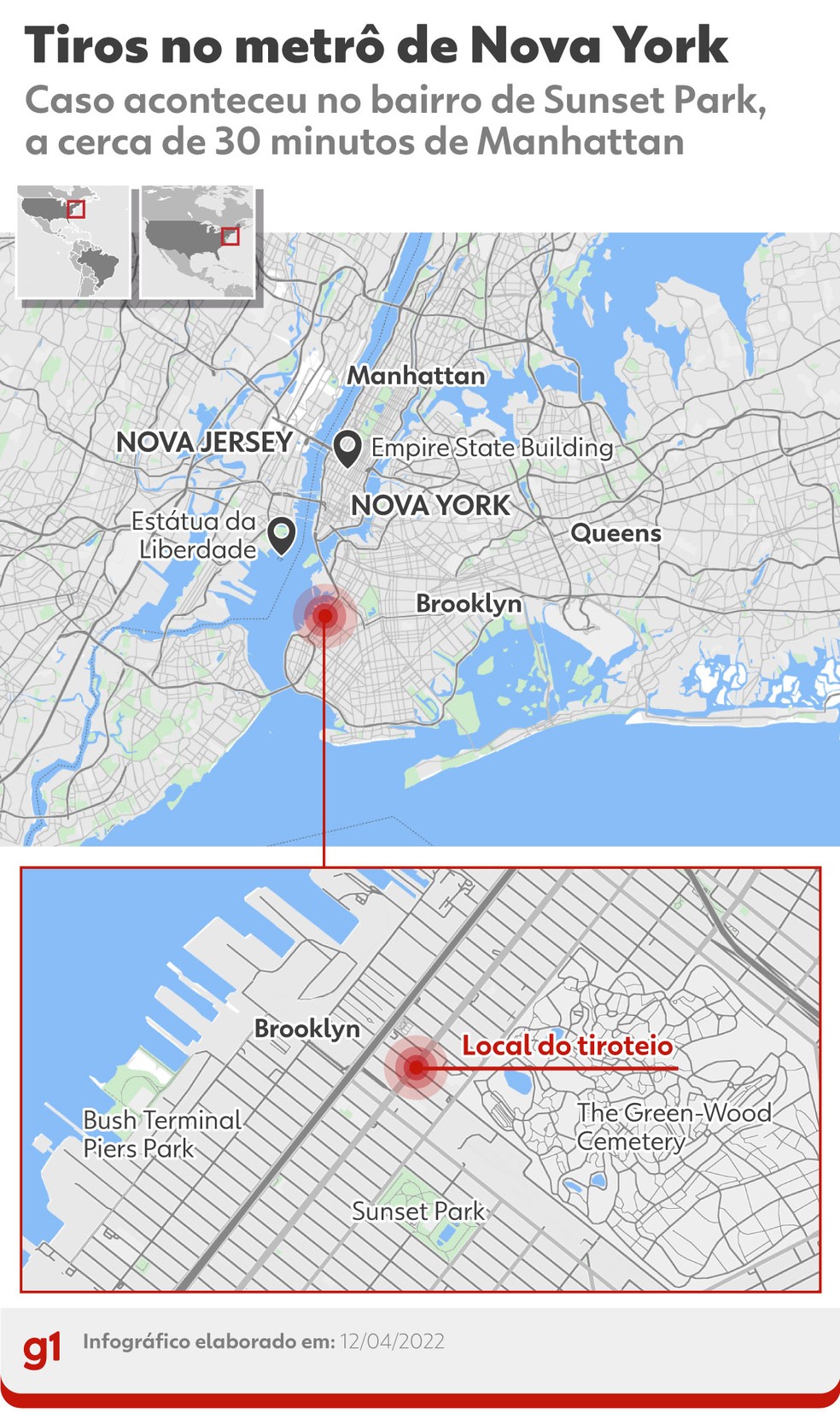 Mapa mostra local do tiroteio em Nova York — Foto: Arte g1