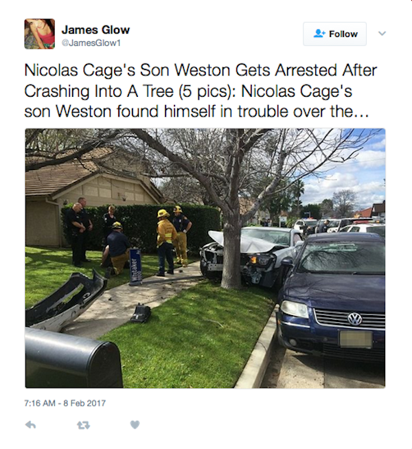 Um registro do acidente causado por Weston Cage, filho de Nicolas Cage (Foto: Twitter)