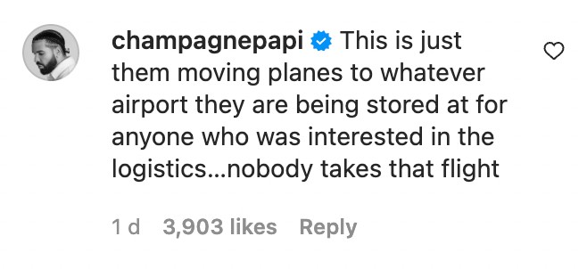 O comentário do rapper Drake explicando o voo de 14 minutos de seu jato particular (Foto: Instagram)