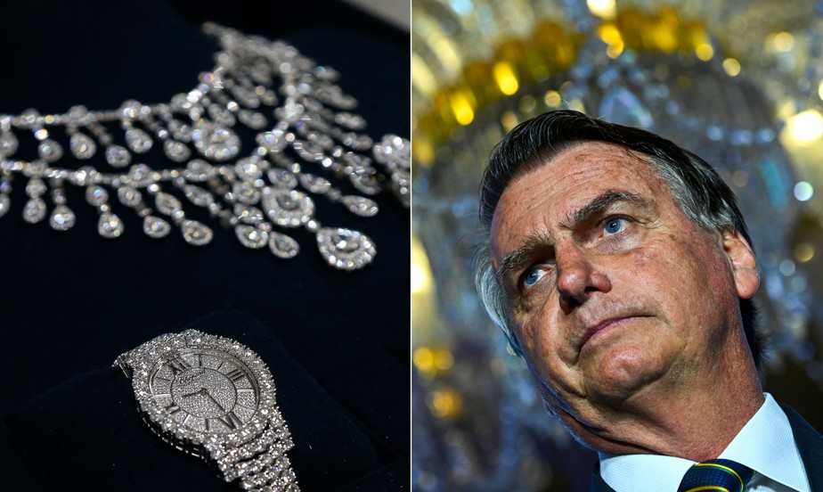 As joias apreendidas pela Receita Federal no Aeroporto de Guarulhos e o ex-presidente Jair Bolsonaro