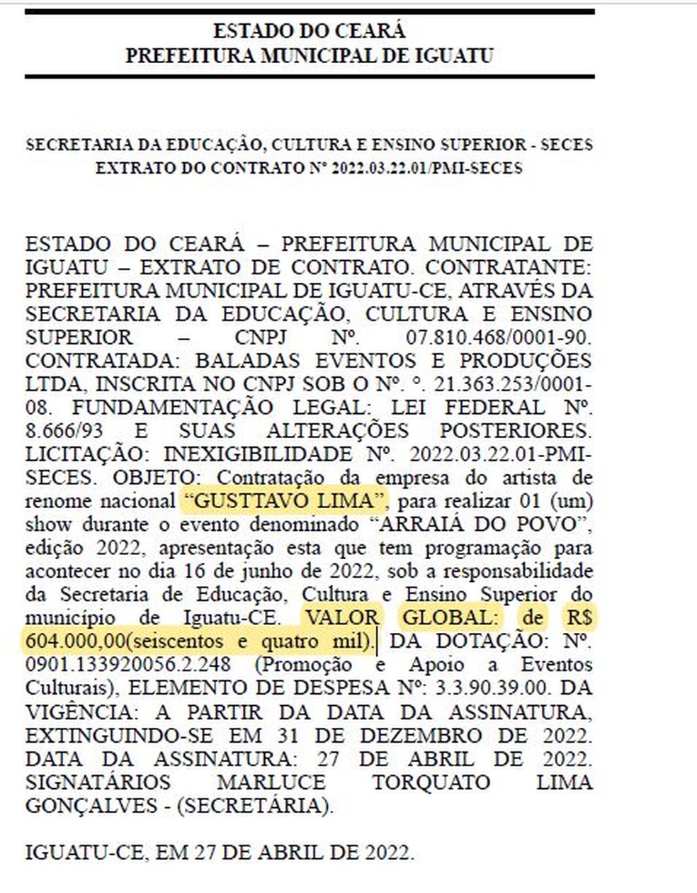 Valor de R$ 604 mil por show de Gusttavo Lima foi firmado em contrato válido até 31 de dezembro de 2022. — Foto: Diário Oficial dos Municípios do Estado do Ceará/Reprodução