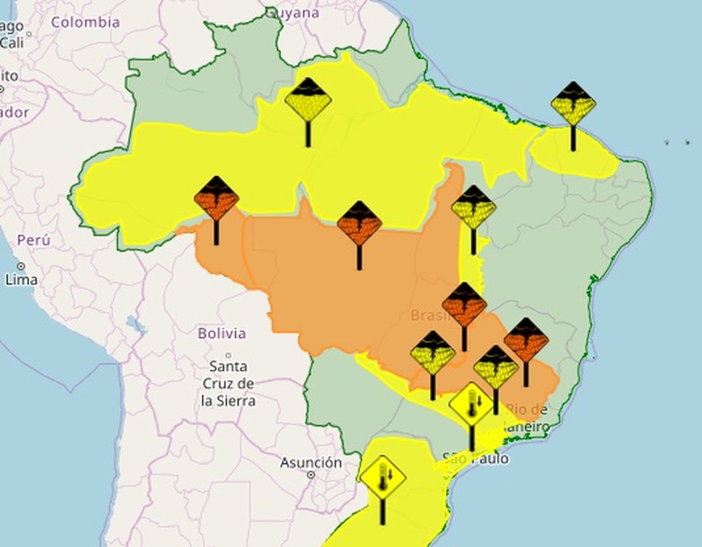 Inmet disparou alerta de perigo para Rondônia e outros estados do país.  — Foto: Reprodução/Inmet
