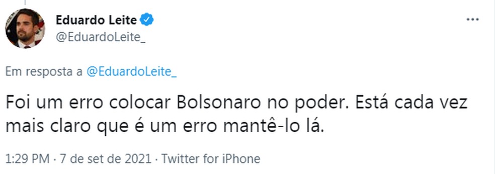 'Erro colocar Bolsonaro no poder', afirma Eduardo Leite  — Foto: Reprodução/Twitter