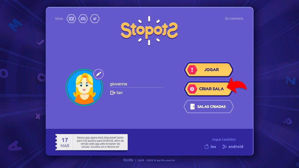No site do StopotS, escolha seu nome de usuário e clique em criar sala para convidar amigos — Foto: Reprodução/Giovanna Japiassú