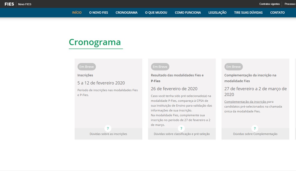 Site do Fies- programa tem inscrição aberta até dia 12 de fevereiro. — Foto: Reprodução site Fies