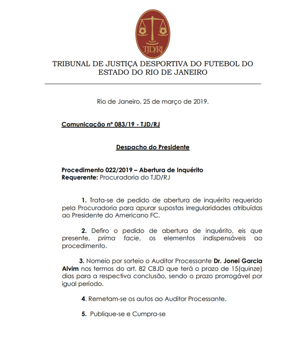 Despacho do Presidente do TJD-RJ pedindo abertura de inquérito — Foto: Reprodução