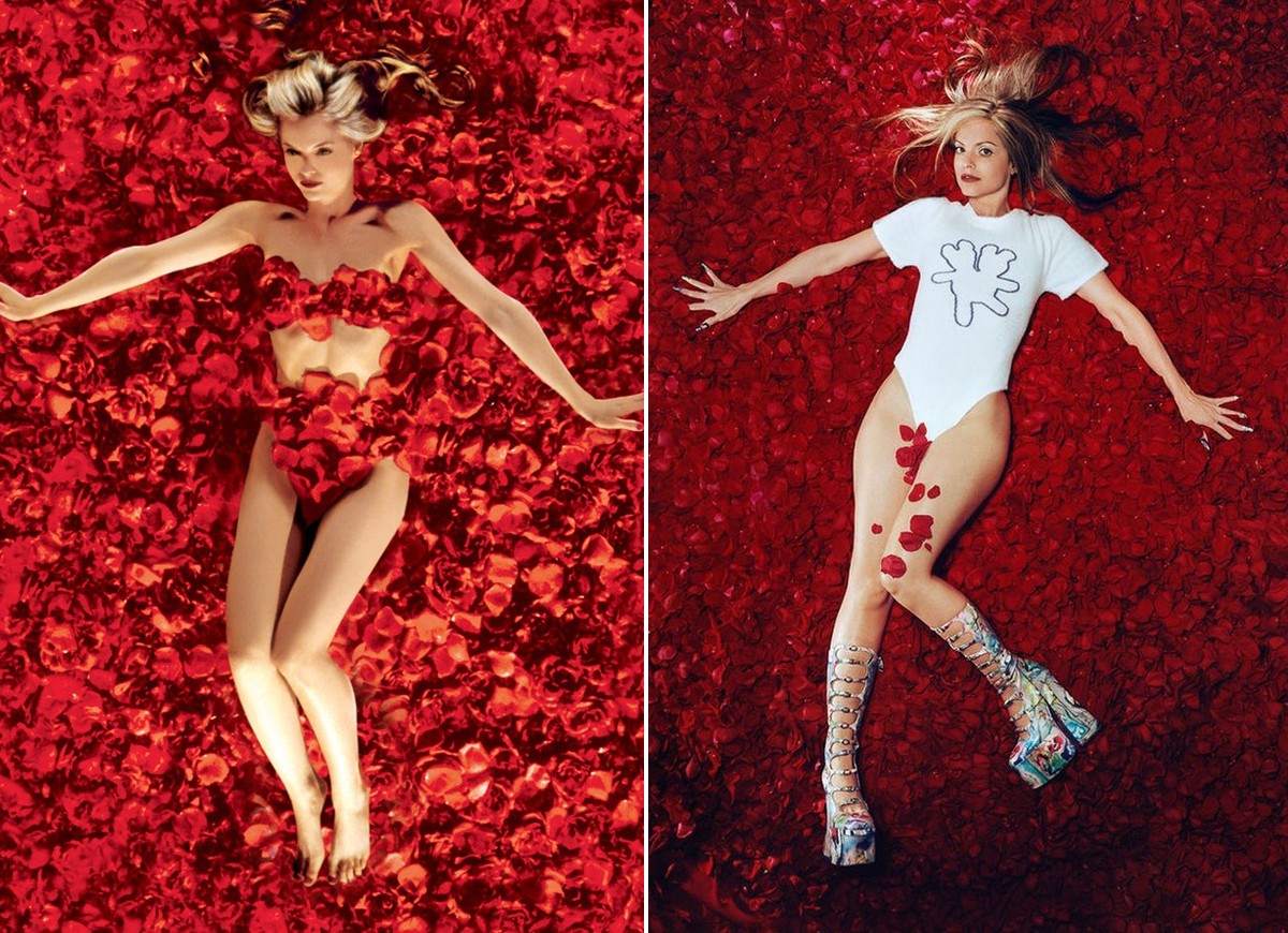 Mena Suvari recria 23 anos depois famoso pôster de Beleza Americana em campanha (Foto: Divulgação/Dreamworks Pictures e Harley Weir/Marc Jacobs Heaven)
