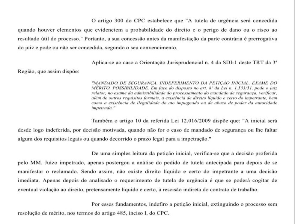 Parte da decisão do desembargador em relação ao processo do Thiago Neves contra Cruzeiro — Foto: Reprodução