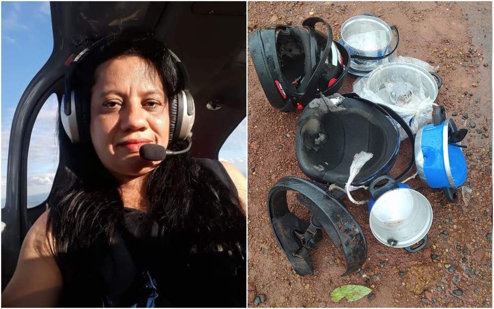 À esquerda, Márcia Pires Santana / à direita os capacetes dela e do cunhado e panelas que carregavam Goiás — Foto: Reprodução/TV Anhanguera