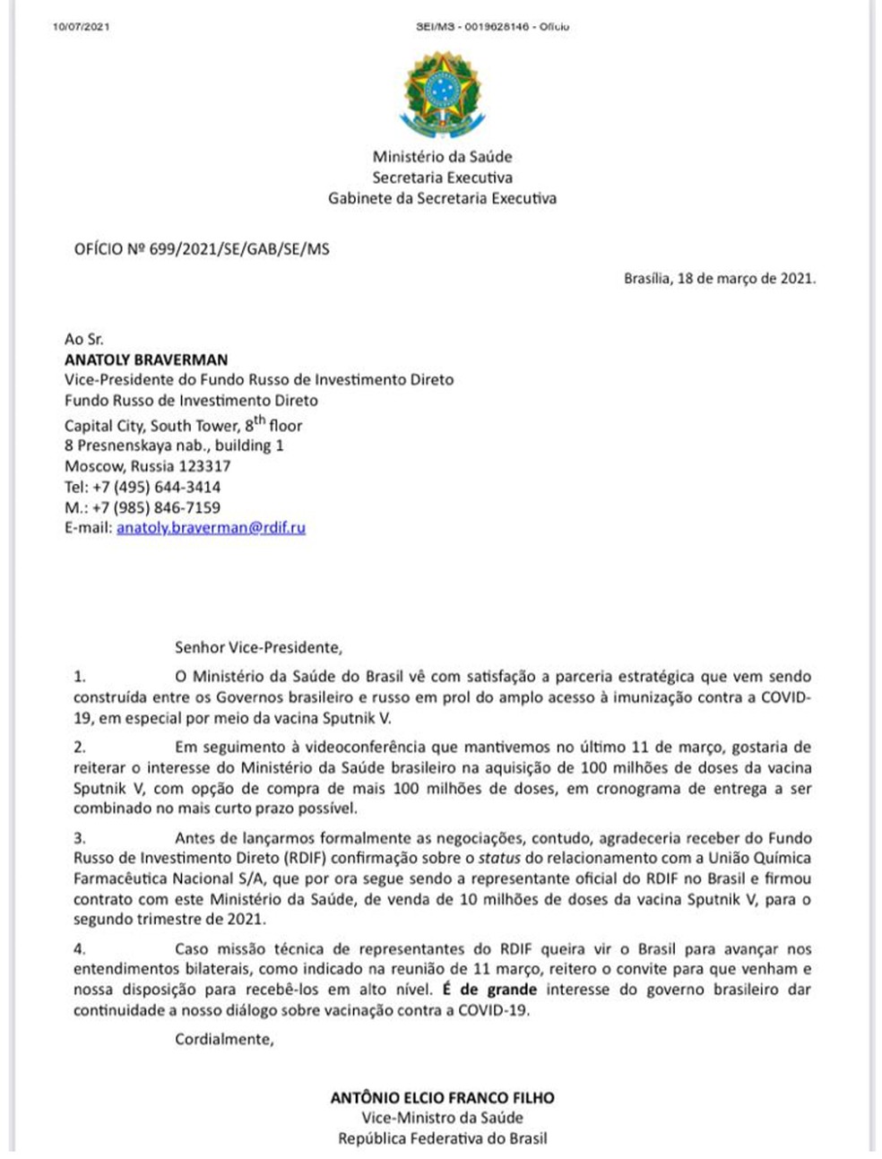 Íntegra da carta do então secretário-executivo da Saúde Elcio Franco ao fundo russo responsável pela Sputnik V — Foto: Reprodução