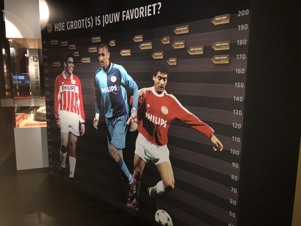 Painel compara alturas de jogadores brasileiros que atuaram no PSV — Foto: Tiago Leme