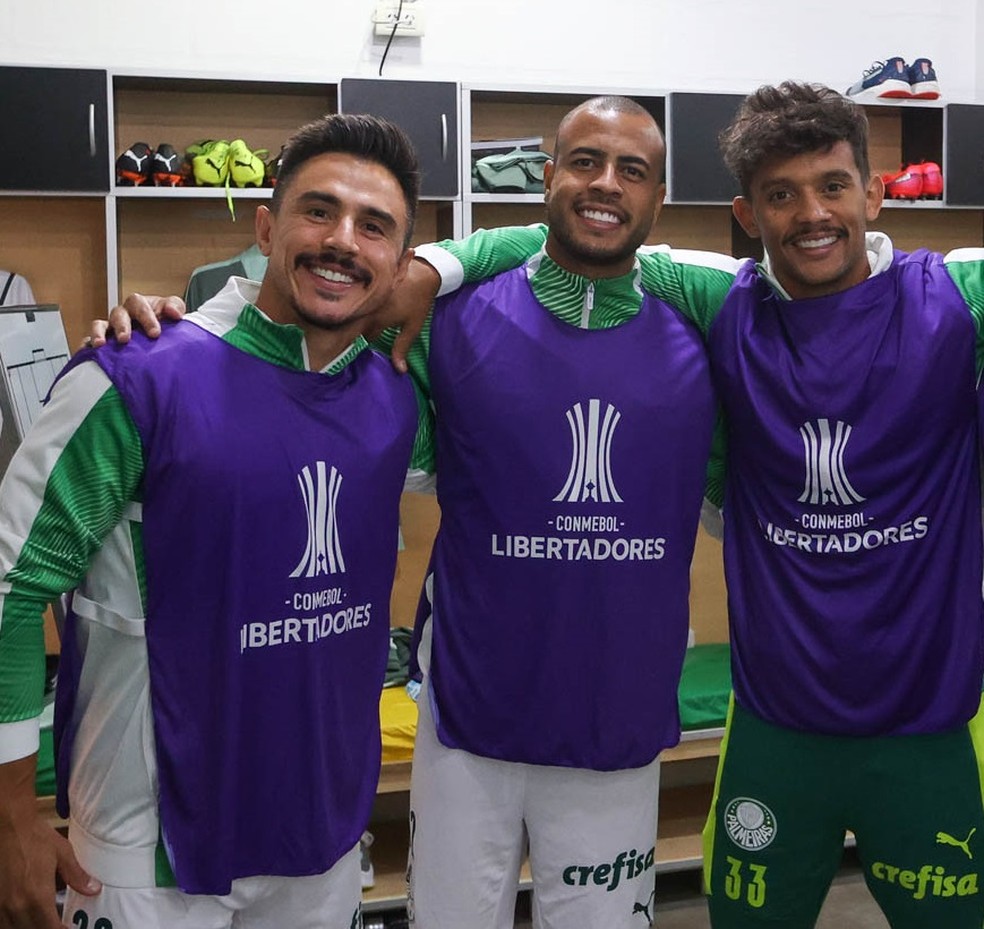 Willian, Mayke e Scarpa pelo Palmeiras em 2023 — Foto: Cesar Greco / Ag Palmeiras