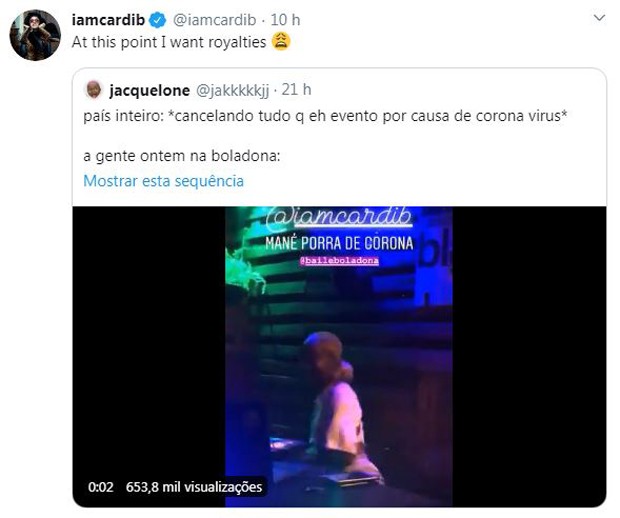 Cardi B comenta repercussão de remixes com seu vídeo sobre Coronavírus (Foto: Reprodução / Twitter)